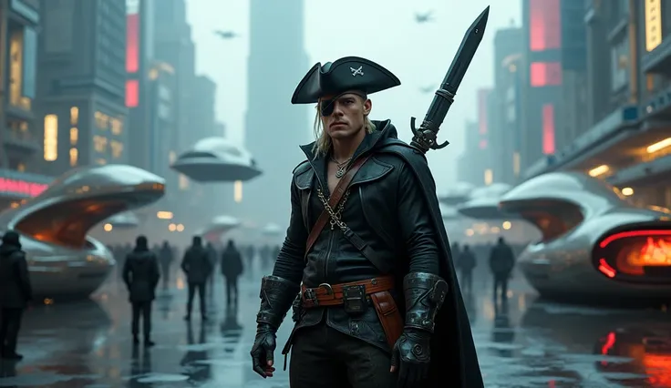 (Photorealism:1.2), futuristic style, pirate, gangster, blond white man, standing in a port of futuristic ships, wearing a pirate hat, with an eye patch, cross collar, with a technological sword, technological clothing and glued to the body, dark lighting ...