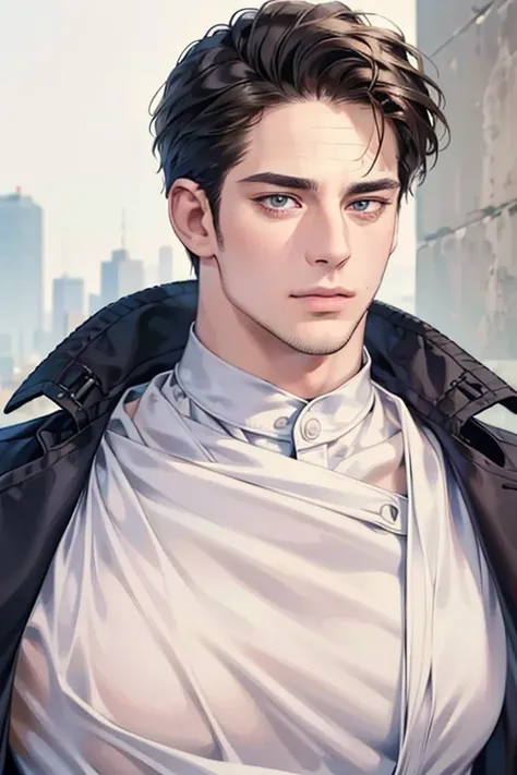 (best quality,4k,8k,highres,masterpiece:1.2),ultra-detailed,(realistic,photorealistic,photo-realistic:1.37),30 year old man,3 day beard,handsome anime,portraits,strong,masculine,dark hair,sharp jawline,mesmerizing eyes,perfectly styled hair,cool anime outf...