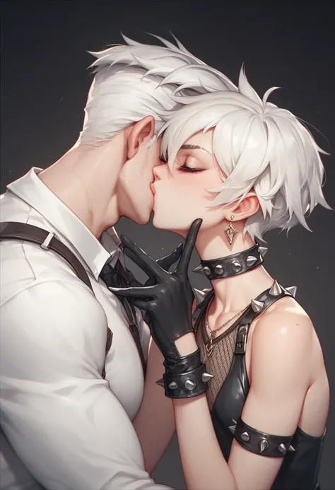 Anime,  spikes, , a white guy, , Petite skinny girl , , white hair, black lines, , Hes black, , , black, dark core-style clothing, steel barbs, and black gloves., is kissing another man. 