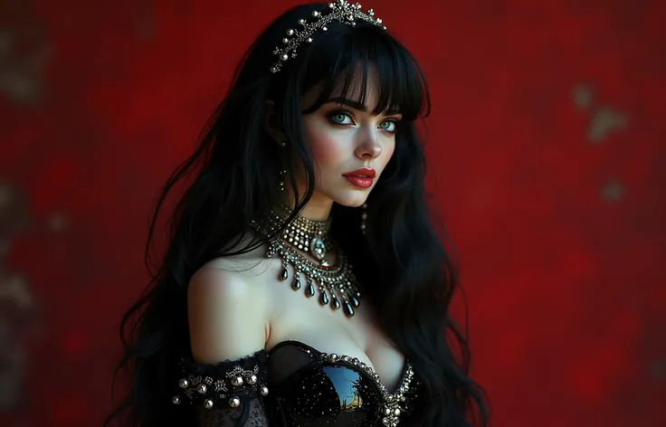 A full body stunningly detailed (((photography))) in the (noir fantasy art style) featuring a (((beautifully visualized flirty woman) with (pale skin))) and (extremely long, flowing, very dark hair) that covers half her face, blending seamlessly with her (...