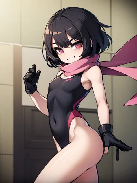 (((masterpiece))), high quality, perfect face,(best quality), expressive eyes, ((1 girl)),((flat chest)),(black extra short hair),((pink competition swimsuit)), scarf, smile, glove