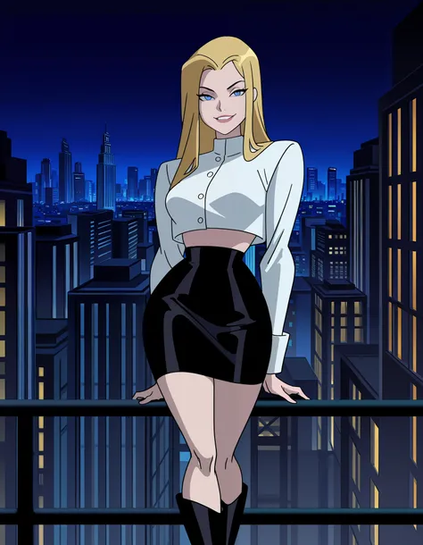 female, curvy body, long hair, straight hair, middle-parted bangs, blonde hair, blue eyes, pale skin,wearing white cropped top, white coat, black skirt, long white boots, night city, sexy pose, sexy smile