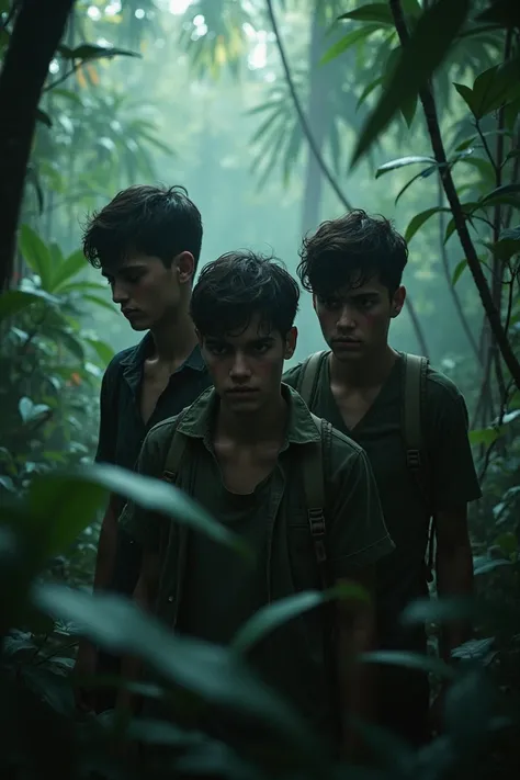 Make a horror image with 3 male teenagers in the Amazon 