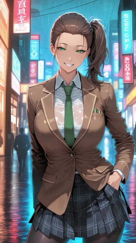 masterpiece, best quality, very aesthetic, photo realistic anime, Sharp Focus, high contrast, 1girl, detailed green eyes, grin, dark brown silky hair, hair pulled back, side ponytail, contrapposto, Captivating thighs, uniform, brown blazers, (hads in pocke...