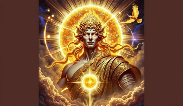 "Helios, the Greek god of the sun, depicted as a divine radiant figure standing alone. His face resembles a blazing sun with glowing golden and fiery tones, emanating intense light. His body is majestic, with a shimmering golden aura, muscular and ethereal...