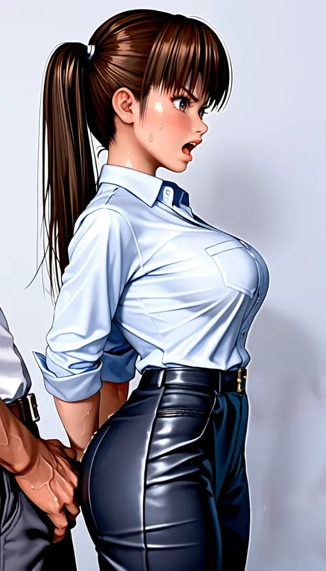 DOALeiFang, LeiFangDOA, gasp, 1girl ,1male, a male holding girl’s hip, glossy black pants, glossy white business shirt, arms behind back, {{arching the body backward}}, office lady, be breathless, sweat, sparkling sweat, trembling, long brown straight hair...