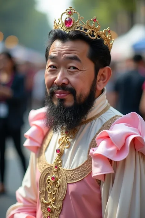  who cosplayed as a princess, A bearded Asian middle-aged man with his lips sticking out and a puffy face 