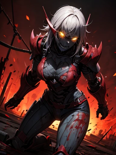 zombie girl, bony arms , bone legs , bright infected yellow eyes,blood,red lower jaw , mutant zombie girl ,fractured black armor with red lights worn out