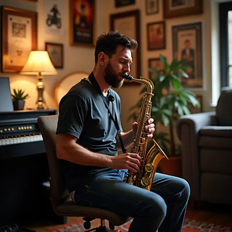 Messi learning to play the saxophone