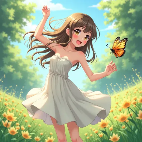 anime girl with long hair, sleeveless summer dress, strapless, in a field, dancing, top half only, raising arms, exposed armpits, butterfly on armpit 