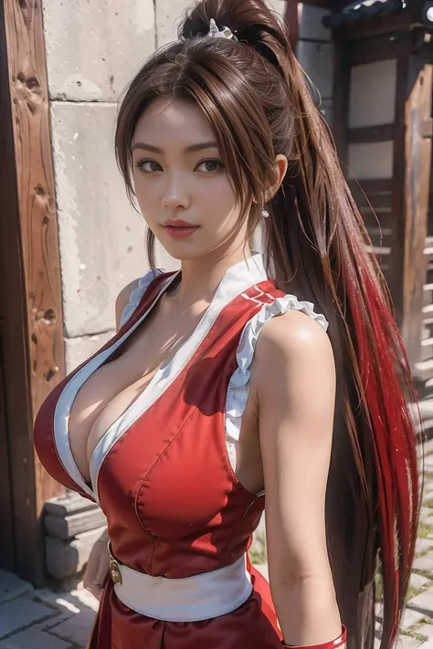 Mai Shiranui  ,   Brown Eyes  ,   Japanese Beauty，smile long hair,  brown hair, ( red clothes:1.3)，super Big Breasts，   sleeveless,   ponytail ,  pelvic curtains , Arm guard,  gloves, or，full的胸部，   Seductive Expression  , Sexy Eyes, Big Breasts, smile,   S...