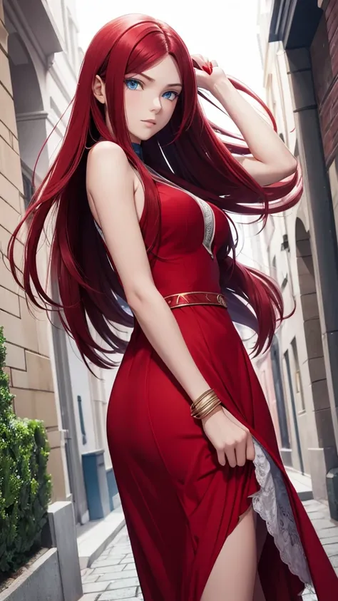 Beautiful girl with blue eyes Long hair,  High resolution,  red hair, Erza Escarlet , with a red dress 