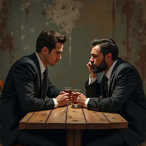  Make a young-looking billionaire in a black suit sitting at an old wooden bar table next to a young looking poor man,thin,dirty and depressive-looking with a downcast head enjoying a drink 