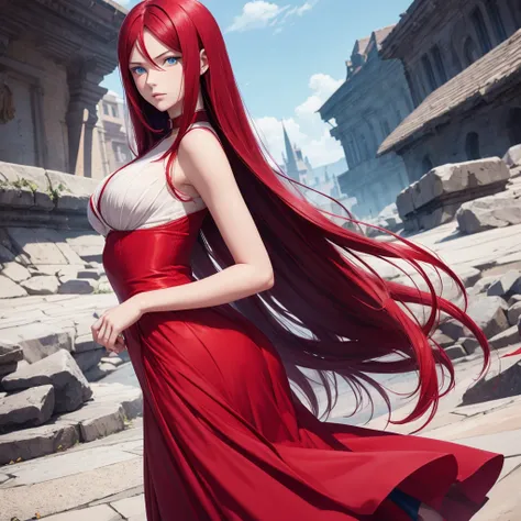 Beautiful girl with blue eyes Long hair,  High resolution,  red hair, Erza Escarlet , with a red dress 