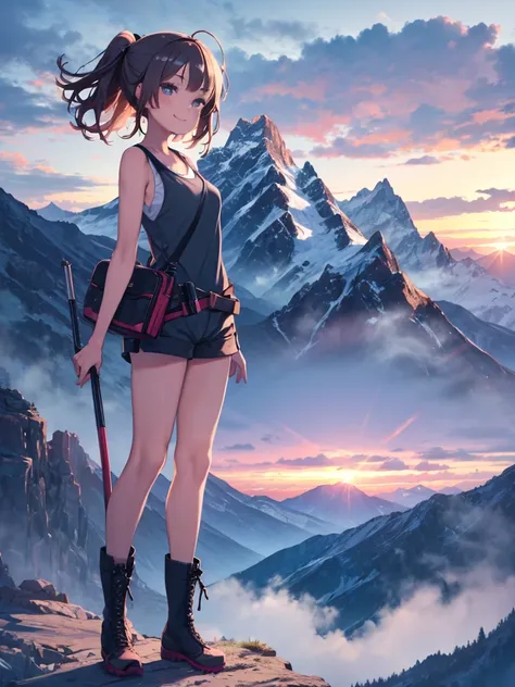 (( top quality)), ((  Masterpiece  )), (  Details),  young girl, hiking, Mini Short,  Loose Tank Top ,  boots, smile, mountain,  beautiful lighting arranged in an orderly manner, sunny, Mountain trail, Partly cloudy