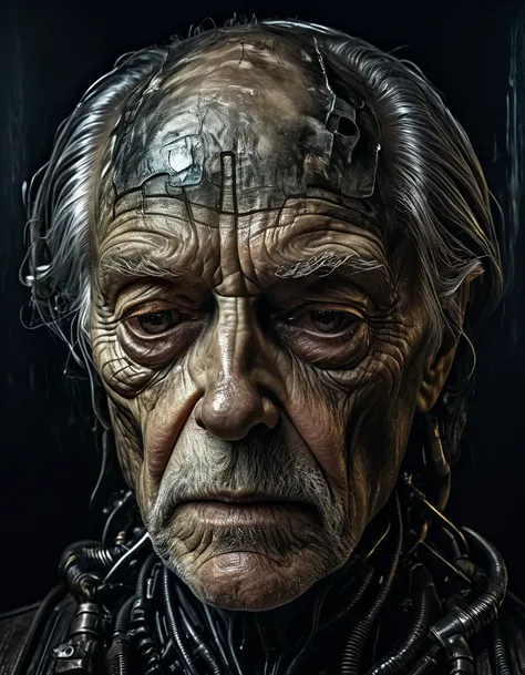 a weathered old man, H.R. Giger-esque biomechanical cyberpunk, Caravaggio-inspired chiaroscuro lighting, detailed wrinkled face, intense expression, intricate mechanical augmentations, ethereal glowing energy, dramatic shadows, painterly textures, cinemati...