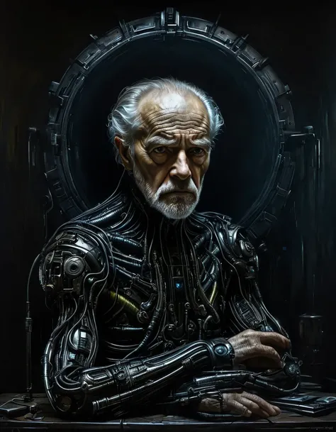 a decrepit old man, cyberpunk sci-fi scene, dark moody atmosphere, h.r. giger biomechanical aesthetic, caravaggio baroque dramatic lighting, hyper detailed realistic painting, cinematic composition, moody dramatic colors, chiaroscuro lighting, intricate de...