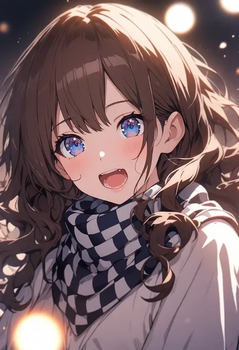 masterpiece,  top quality , высококачественные обои CG Unity 8K,  anime illustration of a girl .  Wears plus size clothes ,  wearing a red checkered scarf ,   The background is a pale pastel landscape, drinky wavy hair,  brown hair ,  blue eyes, ( soft foc...