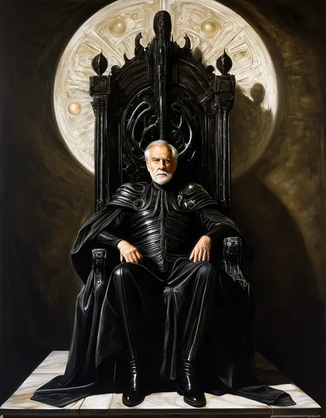 old man on throne; sci-fi scene; h.r. giger ilustration; caravaggio painting
