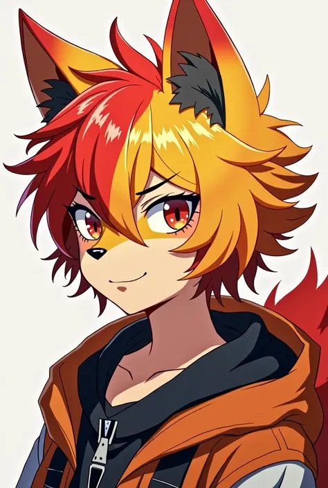 boy,Red&Golden yellow hair,Keidran,Teenage,Age 20,Anime style,Red streak hair,Furries