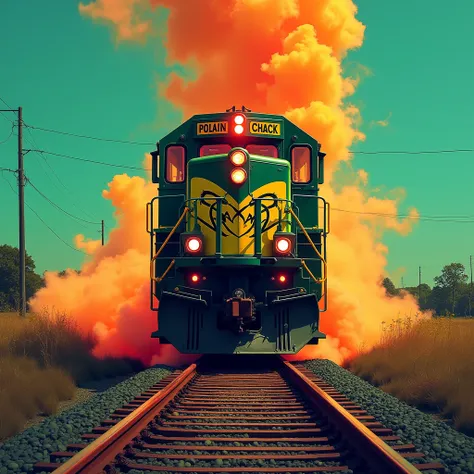 a vibrant Fluoresce digital painting of a locomotive coming down the tracks straight towards you   The train features graffiti, using bold, contrasting colors and expressive brushstrokes. Fluoresce orange and green” smoke paint in the background