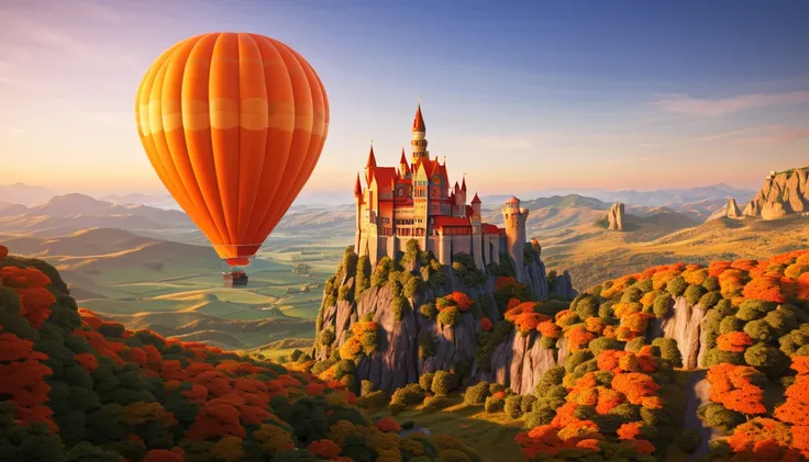 (  Masterpiece  ),  top quality,1 colorful orange hot air balloon,  Volumetric Lighting ,  high definition ,  High detail , 16k、I can see the castle