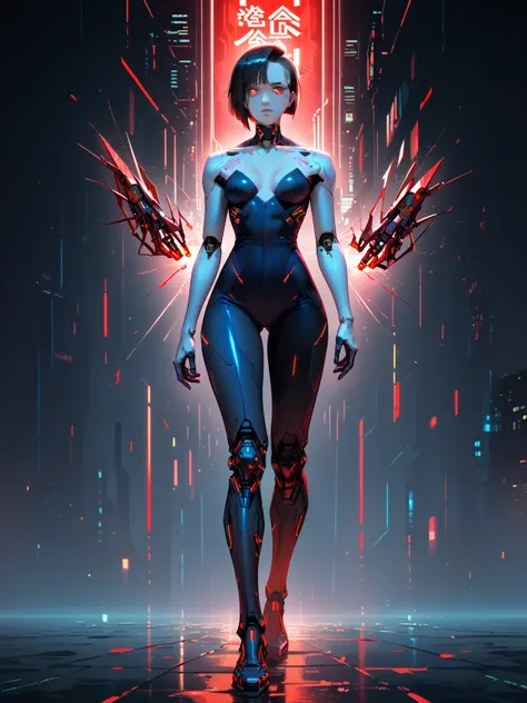 (((masterpiece))), (((highest quality))), ((super detailed)), (Highly detailed CG illustration), ((beautiful and delicate)), (cyberpunk shinobi), cinematic light, ((1 girl)), alone, full body view, (sleek black mechanical arms with red neon lines), (short ...