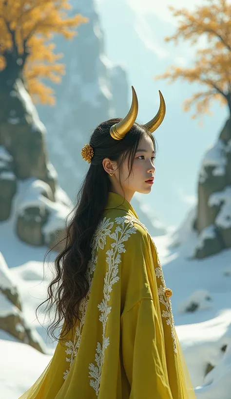  imaginary　snow　Mountain　Gold Tree 　White leaves　 yellow-green coat 　White embroidery　 wearing gold ornaments　 cute　Long Hair　 girl　Golden cow horns 