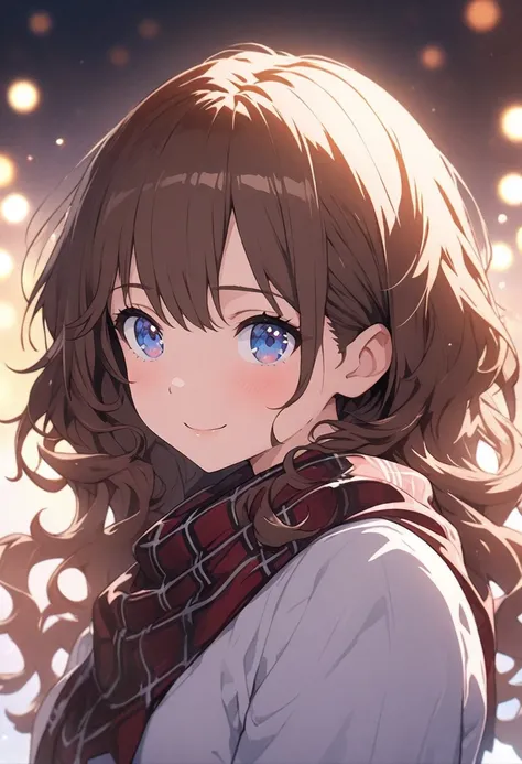 masterpiece,  top quality , высококачественные обои CG Unity 8K,  anime illustration of a girl .  Wears plus size clothes ,  wearing a red checkered scarf ,   The background is a pale pastel landscape, drinky wavy hair,  brown hair ,  blue eyes, ( soft foc...