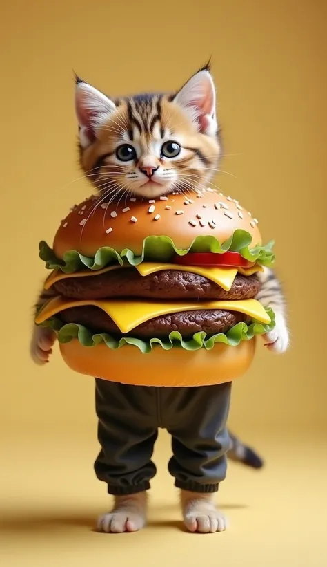 A kitten in a McDonalds hamburger costume。Kitten standing on 2 legs 。 head on。Wear pants on your head