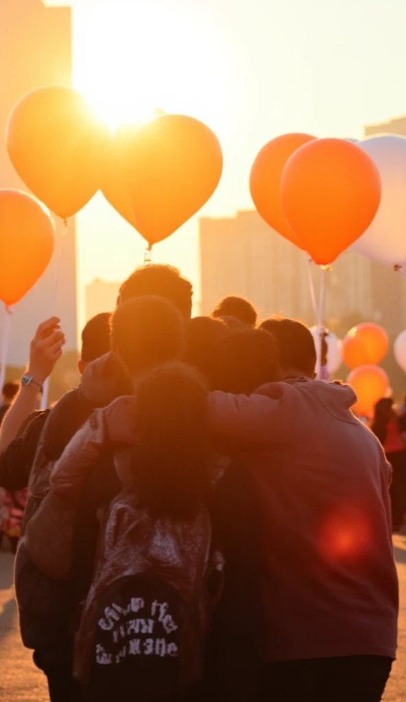 "Realistic photograph of a group of people gathered outdoors, seen from behind, holding orange and white balloons while embracing each other. The scene is set in a large open area with a tall building in the background. Warm sunlight from a sunset or sunri...