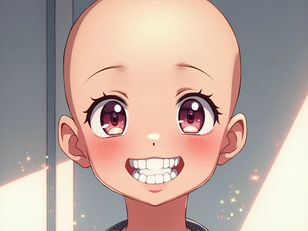  anime style,  1 girl 、Bald、Beautiful teeth、cute、✨