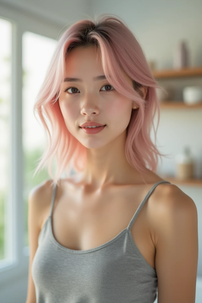 Prompt :
“Portrait d’une jeune femme moderne avec une apparence naturelle, cheveux mi-longs teints en rose clair, légèrement ébouriffés, peau claire et lumineuse, traits du visage doux et harmonieux, maquillage discret. Elle porte un débardeur simple de co...