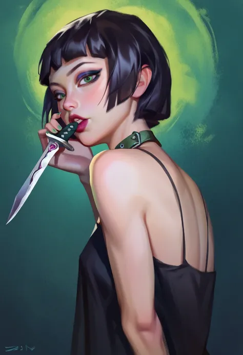 smudgy, traditional art, liu2, brush texture, score_9, score_8_up, score_7_up, score_6_up, score_5_up, score_4_up, BREAK 1girl, extreme short hair, black silk nightgown, dark Green eyes, knife to lips, (eyeliner:1.2), looking at viewer,  hime-cut, detailed...