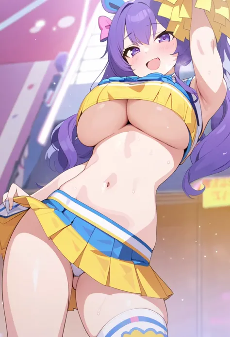 (masterpiece, best quality), 1girl, solo, kawaii, cheerleader, underboob, ((waving skirt))