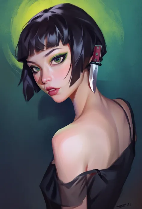 smudgy, traditional art, liu2, brush texture, score_9, score_8_up, score_7_up, score_6_up, score_5_up, score_4_up, BREAK 1girl, extreme short hair, black silk nightgown, dark Green eyes, knife to lips, (eyeliner:1.2), looking at viewer,  hime-cut, detailed...