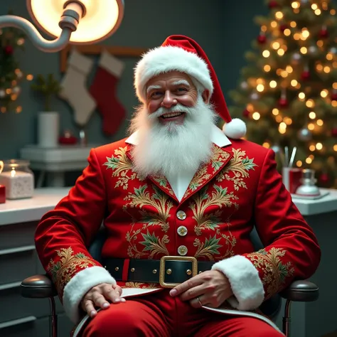 An Award-Winning Masterpiece for Vogue Fashion magazine, Enchanting, Festive, Magical, Captivating, Award-Winning Masterpiece, a modern interpretation of Santa Claus set in a festive dental clinic. His snowy white hair and beard are perfectly groomed, and ...