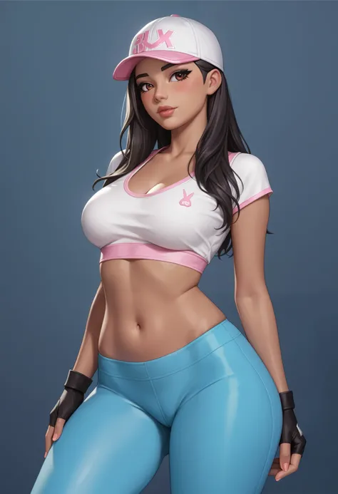 score_9, score_8_up, score_7_up,1girl, adult,beautiful detailed eyes, beautiful detailed lips, extremely detailed face, long eyelashes, long black hair,baseball cap ,blush, crop top,yoga pants,source_anime,thick thighs, big hips, fingerless gloves,ruby,bel...