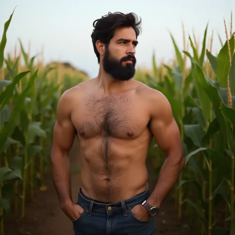 barbado, Shirtless man standing in front of a cornfield, pantalones vaqueros, Super buff and great, pecho peludo y cuerpo peludo, pecho peludo, Pelo en el pecho, 30 year old man, inspirado en Spiderman