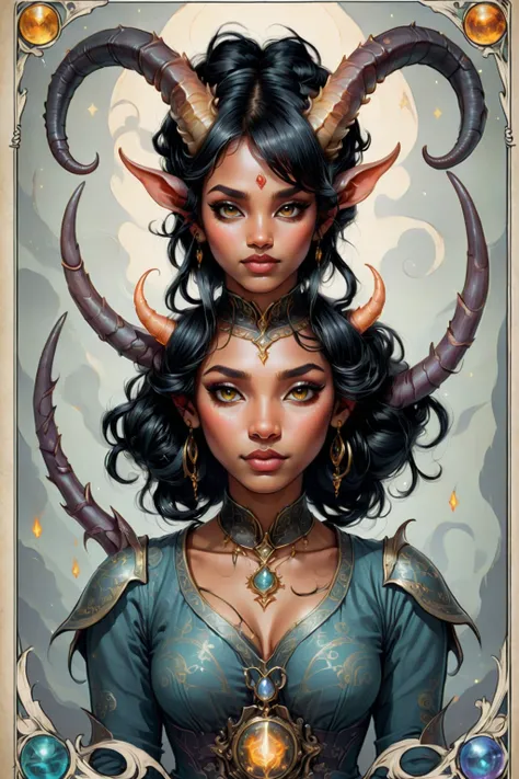 Patterned exquisite Tarot Card ,  1tiefling cute little horns. Black hair up to the neck 