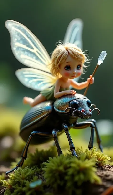 Macro photography of a delicate fairy with translucent wings mounted on a metallic beetle, holding a wand made of crystal, with the reflection of light on the insects wings and the fairys shiny skin, backdrop of mosses and leaves, soft and ethereal lightin...