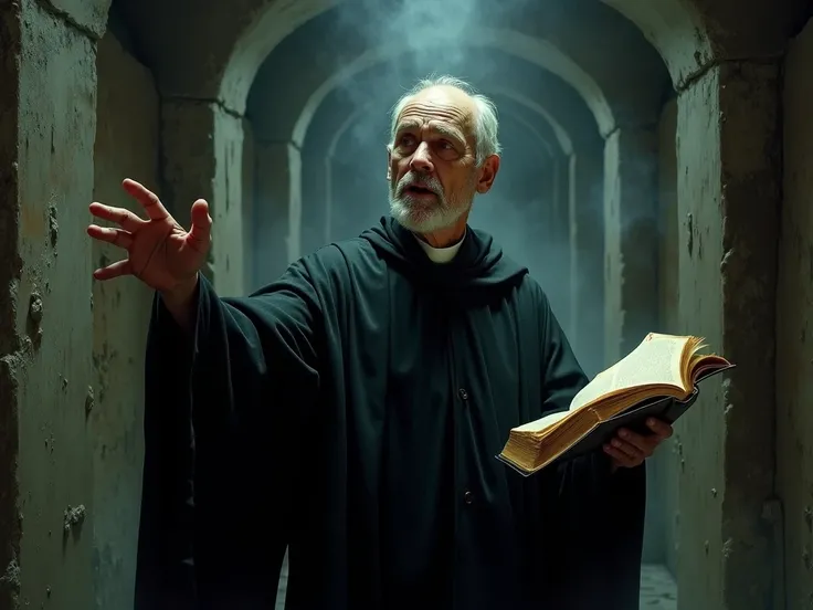 Old priest with the bible in his open hand , Scream as if it were order in the basement