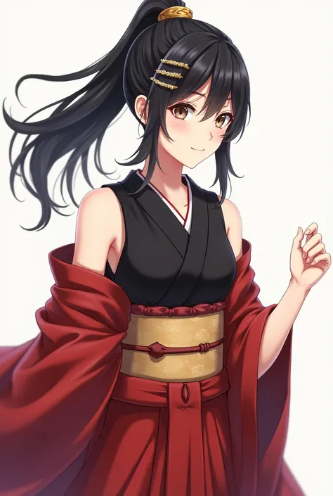 Masterpiece,good quality,2d,black short yukata without sleeves,red kimono over it,loose kimono, smiling,hair ornaments,pony tail, black hair,