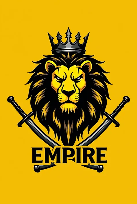 logo gangster organization, lion with crown, two sword, text King Empire in logo, all yellow colour