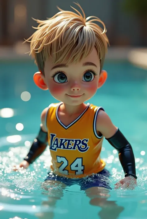 Create a realistic boy s in water .  He has blond hair with brown and his hairstyle is a lowfade . He wears shorts and shirt from the Lakers team and wears a long tight and smoothing black protector over his right arm and legs. 