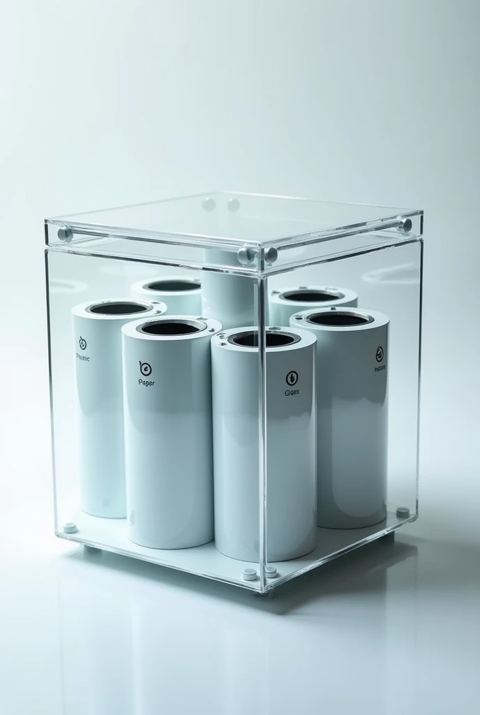 generate 
Five btransparent trash can inside a big transparent box rotating platform that allows the trash can to spin easily, each labeled for different types of waste (e.g., plastic, paper, metal, organic, and glass). The trash can should be cylindrical ...