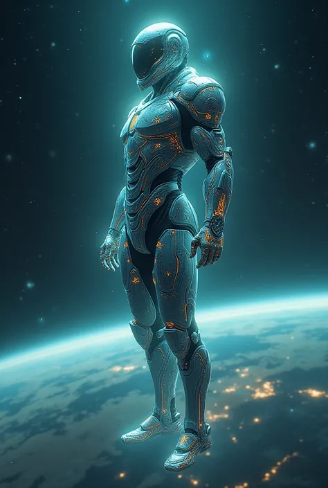 A soldier-king in a futuristic battle suit, his figure etched in celestial light, shackled to the stars as he gazes down on Earth with longing.