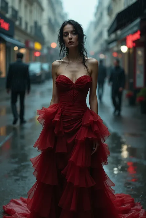 Beautiful French girl, big breasts, v deep dress colors,Standing in the street in the rain, anthropomorphized dress, dark photography from the top 