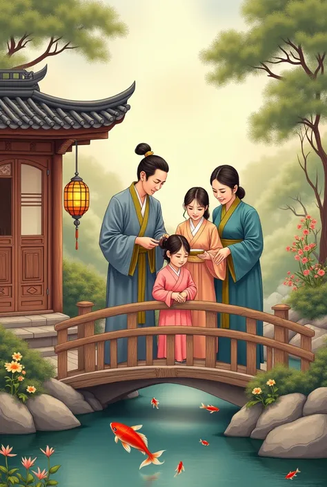  Help me create a family picture of 4 people with dad , Mom,  sister and brother is operating economic development .  Korean style photo , Japan,  China , European America , Asia,  luxuriously but must be ancient and must exude the cozy look of a family wo...