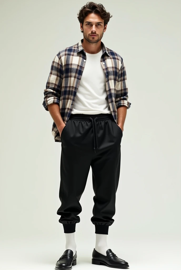 Actor James Franco in high white socks black silk gym pants with black loafers and a white blue and grown flannel tucked in.